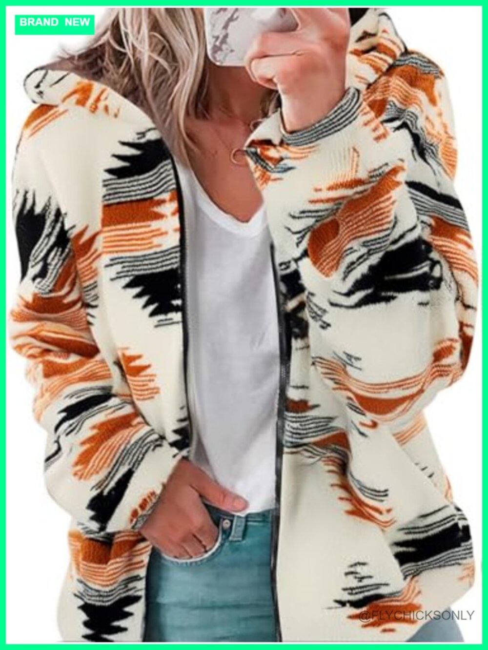 Western Aztec Print Zip Up Hoodie Sherpa Fleece Sweatshirt